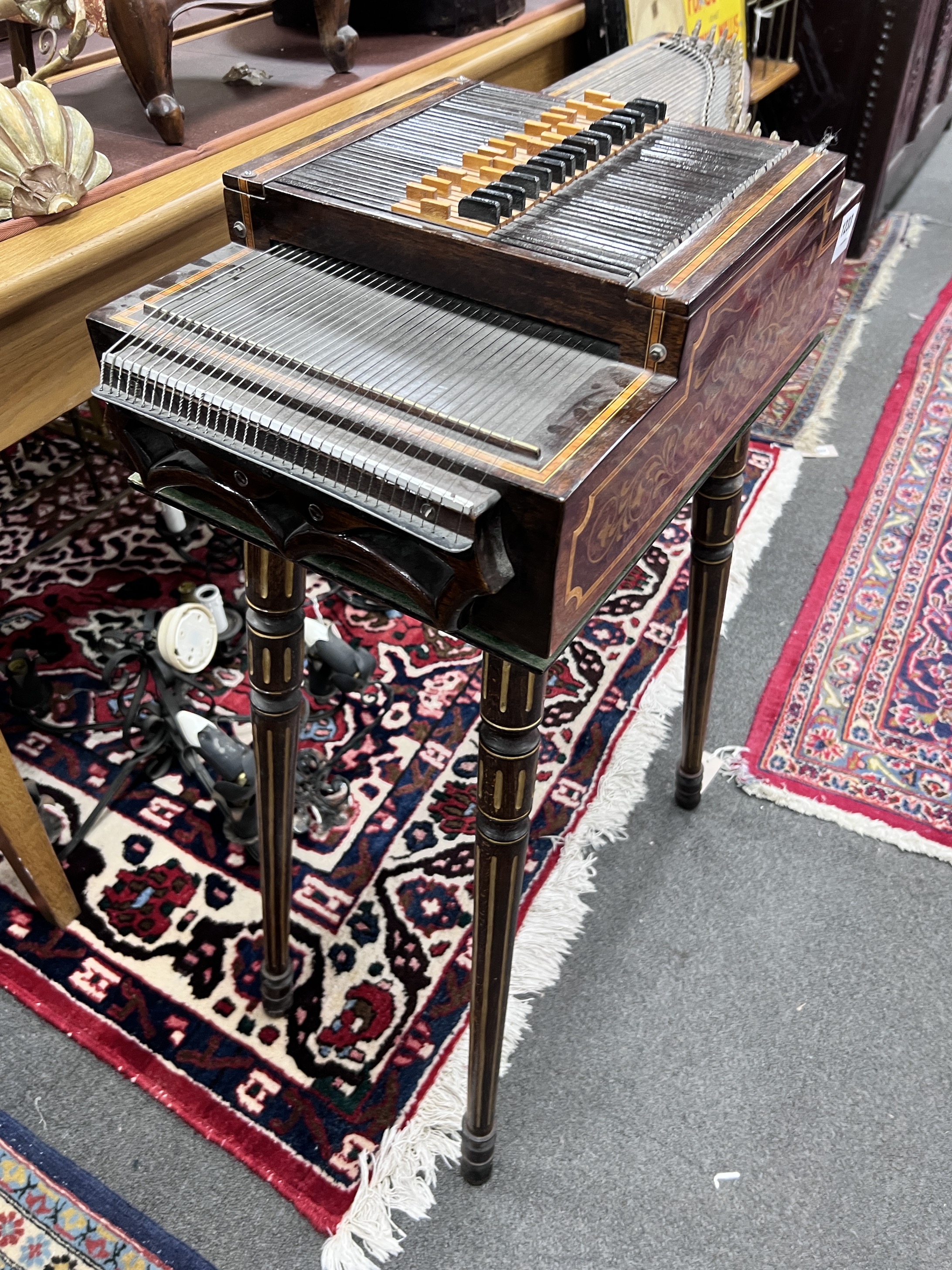 An inlaid mahogany and beech table top harpsichord, built by Peter Benjamin, width 79cm, height 84cm